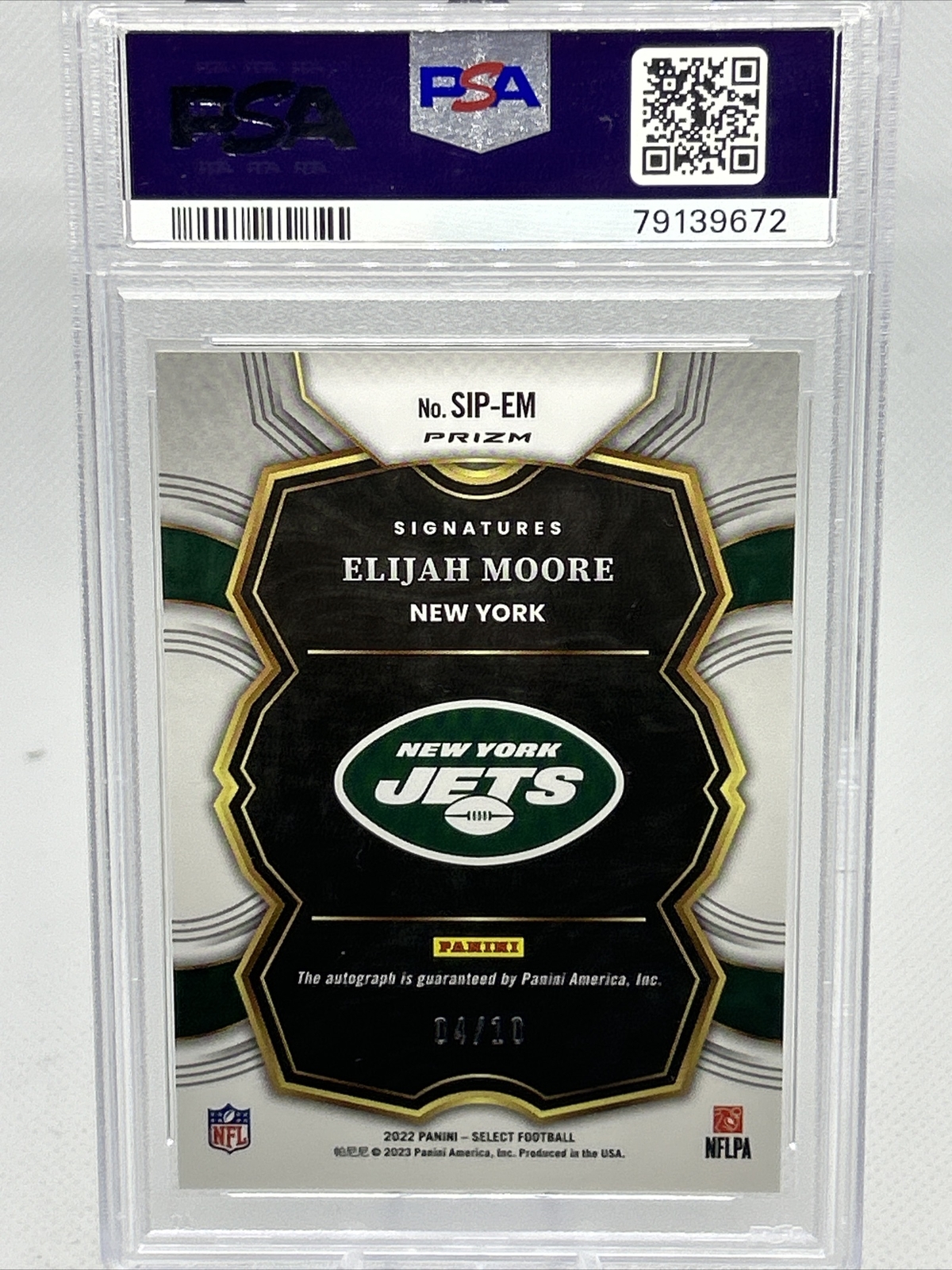 2022 Select Football #SIPEM Elijah Moore Signature Prizm GOLD 04/10 PSA 10 POP 1 view 3