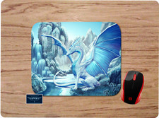 WHITE DRAGON FANTASY ART FROZEN WATERFALL BLUE CUSTOM PC DESK MAT MOUSE PAD