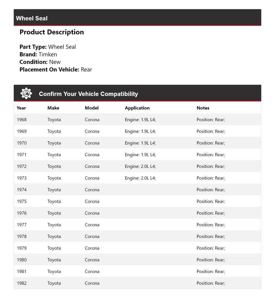 适用于 1968 - 1982 年丰田 Corona 车轮密封后铁姆肯公司 1969 1971 1973 1974 — 第 2/4 张图片
