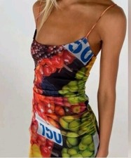 Zara Tank Maxi Dress Women Medium Multicolor Ruched Fruit Stand Print Mesh Lined