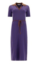 TORY BURCH Plaited-Rib Polo Dress Knit Striped Belted Brown/Purple S & M Career