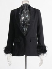 Beautiful Black Feather Cuff Crystal Bejeweled Blazer Jacket Size Xl