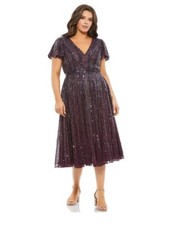 Mac Duggal Purple Aubergine Embellished Flutter Sleeve Midi Dress Size 14W $498