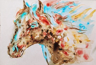 Original watercolor painting,equine,Appaloosa Horse art burnt orange teal blue