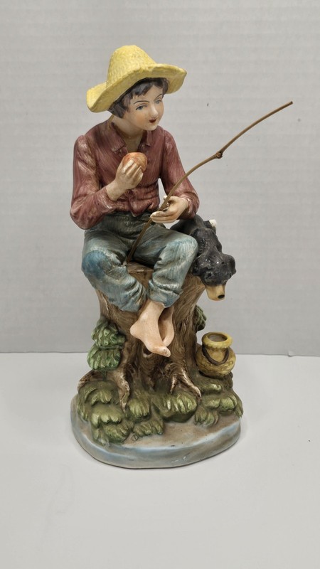 Vintage Bisque Ceramic Figurine Of Young Man Fishing With A Dog 9" Tall No chips