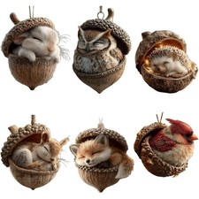 Cozy Forest Animals in Acorns - 2D Acrylic Ornaments- Measures 3.15" - Set of 6