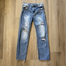 Woman s Size Small Light Blue Ankle Straight Denim Jeans with Distressing Holes
