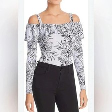 Guess Gorgeous Ruffle/Pleated Overlay Bodysuit White/Black Women's Small EUC