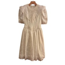 VTG Jessica McClintock Ivory Lace Dress Satin Victorian Cottagecore Girls S/6-7