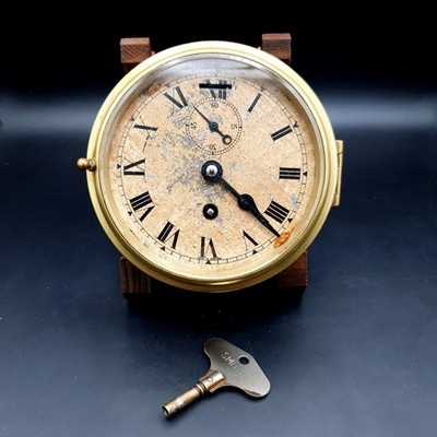 Antique Empire Brass Marine Bulkhead Clock & key England Works needs servicing