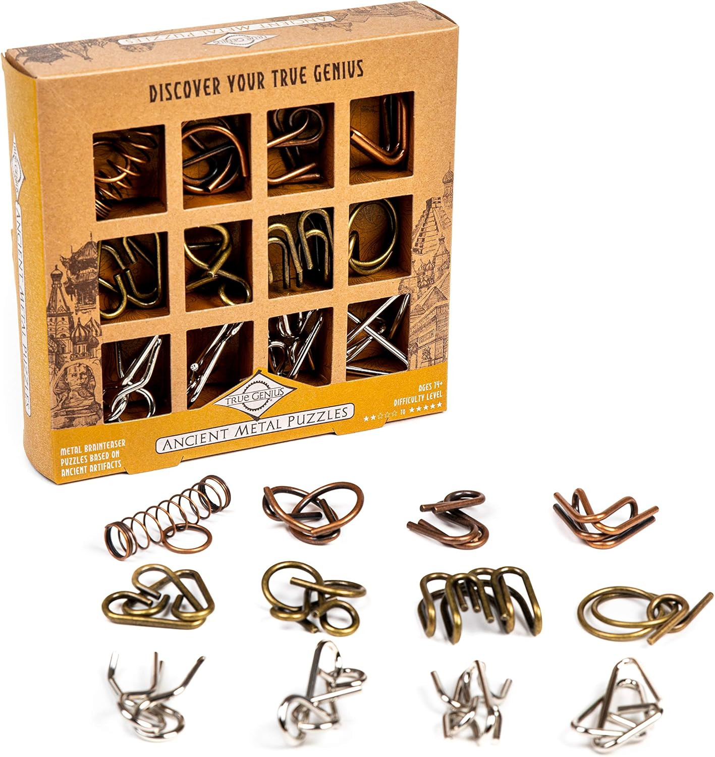 Ancient Metals 12-Piece Metal Puzzle Set – Brain Teaser Disentanglement Puzzles