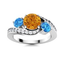 Round Citrine  Swiss Blue Topaz 925 Sterling Silver Three Stone Women Ring