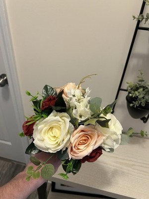 Artificial Silk Rose Wedding Centerpiece x 12, Burgundy Cream Peach Green