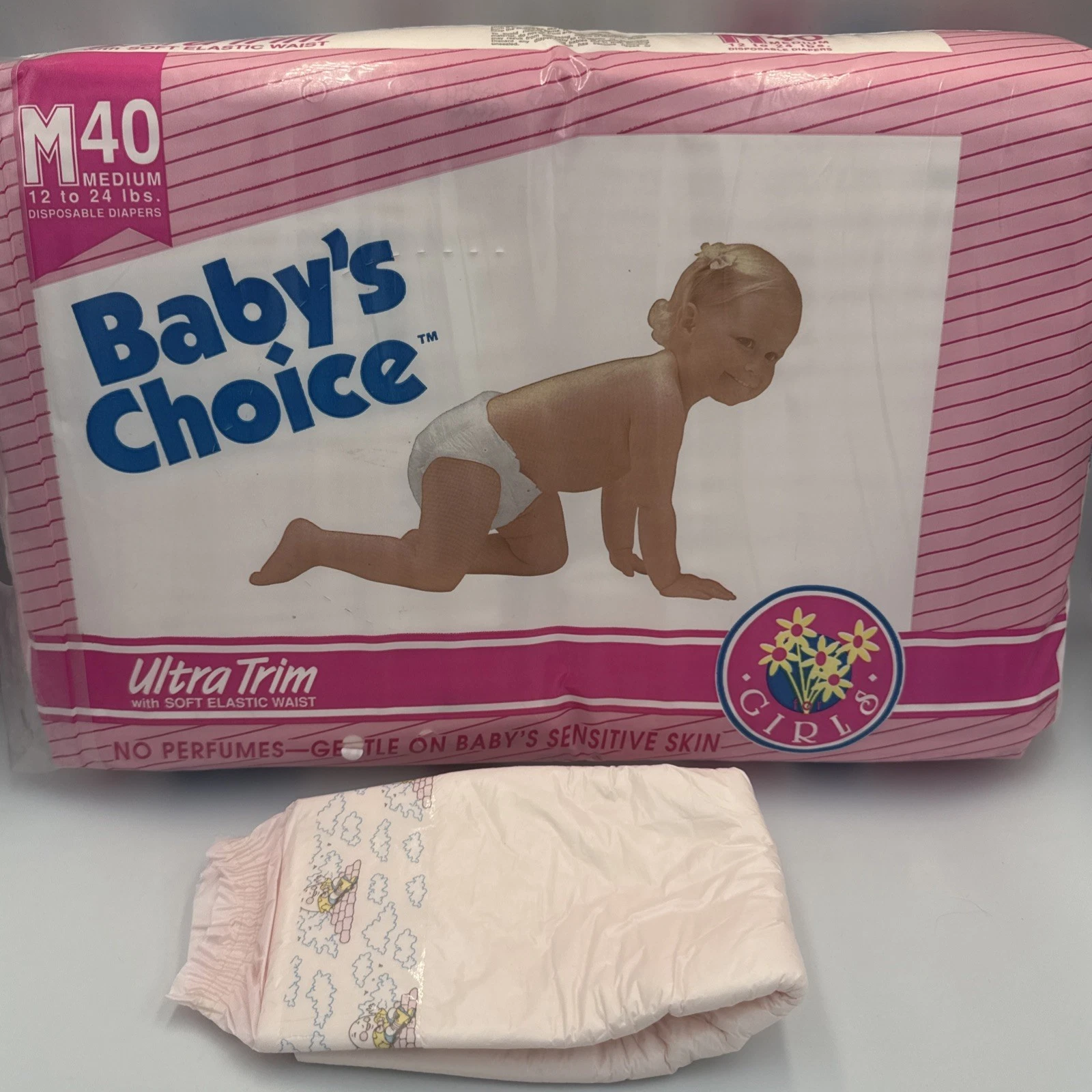 Vtg 1990 Plastic Backed Tape Tab Disposable Diapers BABY’S CHOICE Girls Medium