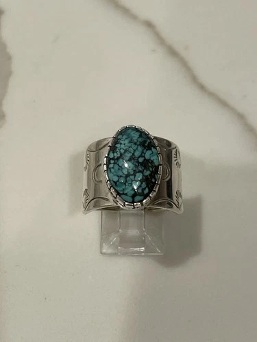 VINTAGE NAVAJO Sterling Silver SPIDERWEB TURQUOISE Cuff Ring Size 11.5 Signed SB