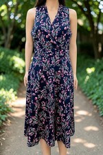 London Times Size 8 Navy Floral Midi Dress Tie Back Cotton Blend Fit & Flare