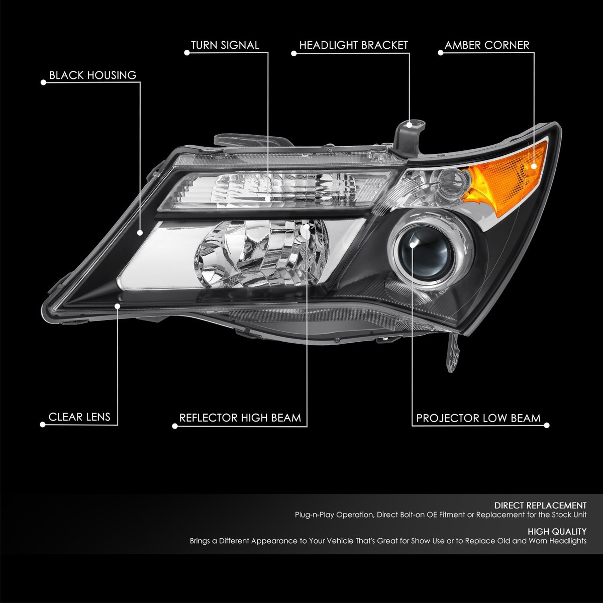 For 07-09 Acura MDX OE Style Left Driver Side Black/Amber