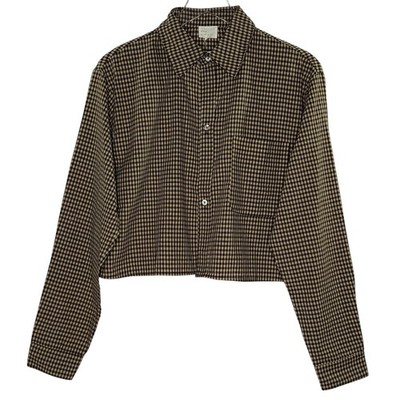 Dee Elly S NEW Womens Brown Check Cropped Shirt Button Front Neutral Boxy