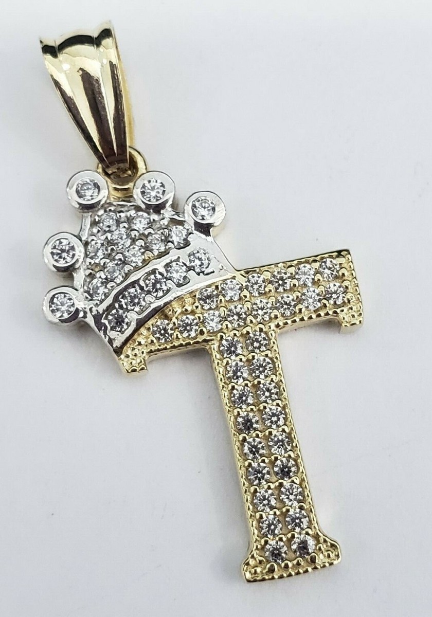 Real 14k Yellow Gold CZ Crown Initial Alphabet Letter T Pendant Charm King  Bling