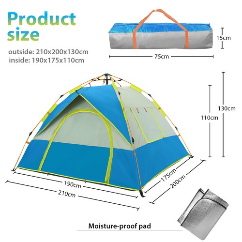 Pop-Up Zelt 3-4 Personen Automatik Camping Kuppelzelt Wasserdicht Familienzelt - Bild 6 von 11