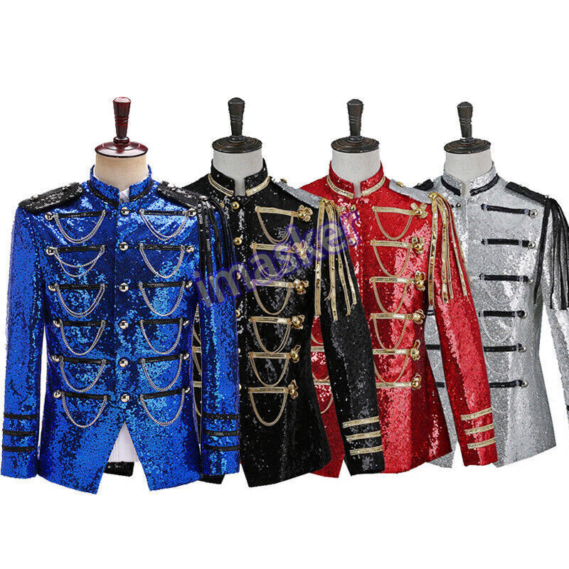 Military Style Sequined Suit Blazer for Men Nightclub Party Wear