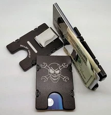 Skull with Wrenches, Aluminum Wallet/Credit Card Holder, RFID Protection, Black
