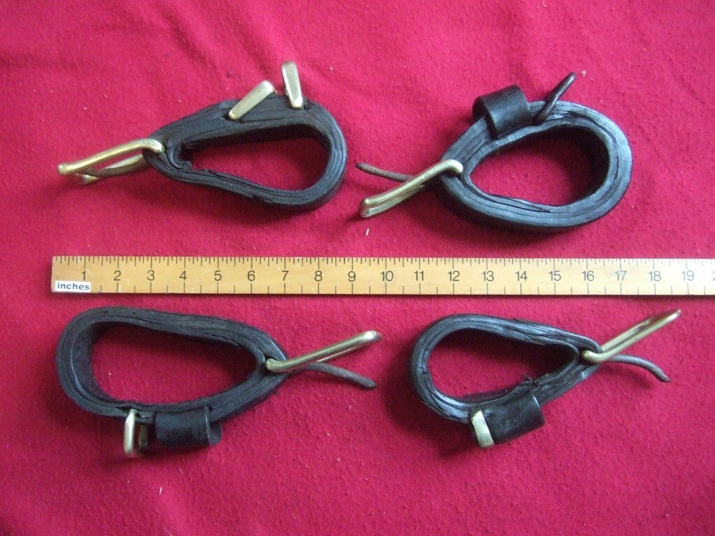 4x VINTAGE HORSE/PONY DRIVING HARNESS SHAFT TUGS, large brass buckles