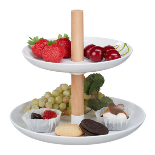 Etagere 2 Tiers Plastic Wood Round Serving Stand Cupcake Modern White Natural - Picture 1 of 8