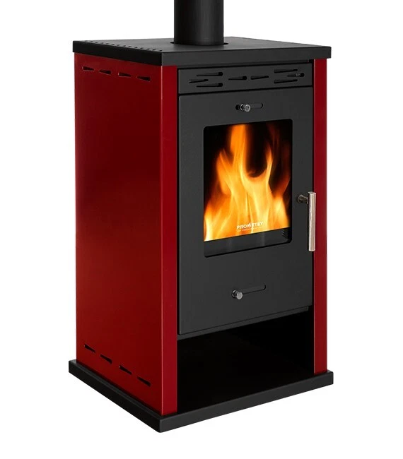 Estufa de leña PROMETEY EKO 3 12kW Rojo A+ con entrada de aire exterior Ø130mm - Imagen 2 de 4
