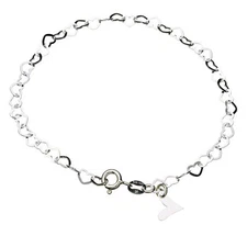 Solid 925 Sterling Silver Flat Heart Link Bracelet adjustable Anklet ITALY b192