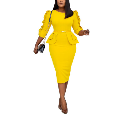 Fluffy sleeve pencil dress イエロー Women Solid Long Sleeves Office Long Pencil Dress | eBay