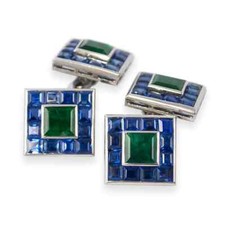 Charming Square Blue Sapphire  Green Square Emerald Stud Set Men's Cufflinks