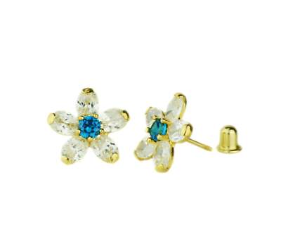 14k Yellow Gold Cz Flower Stud Earrings