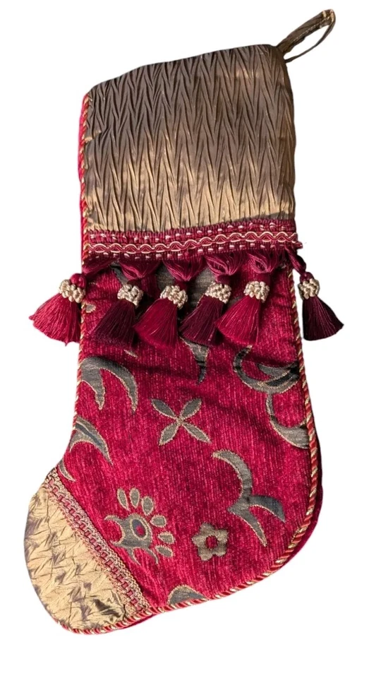 Juego de Medias de Navidad de Terciopelo de Colección Brocado Victoriano Borgoña Oro Borla Satén Foto 3 de 4