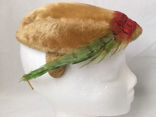 Vintage Carol Ann Faux Fur Hat Gold w Feather Czechoslovakia Ballet Peter Pan - 第 3/9 張圖片