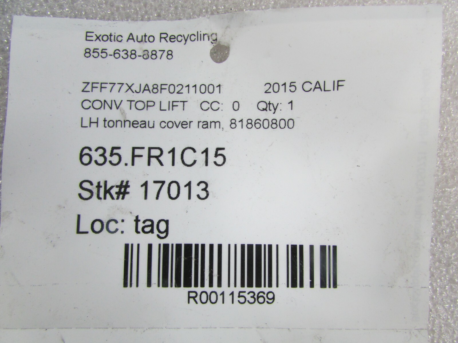 Ferrari California, T, Left Convertible Top Hydraulic Tonneau Ram, P/N 81860800