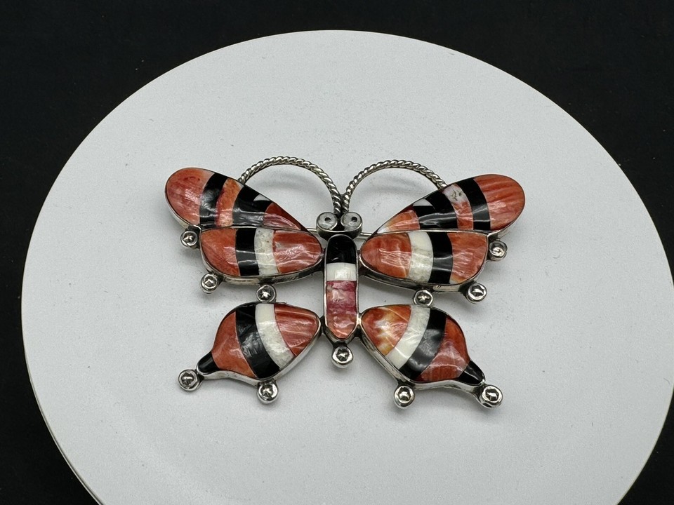 JEANNE & FELIX TSINIJINNIE Sterling Silver Onyx Butterfly Brooch 2 3/4 ...