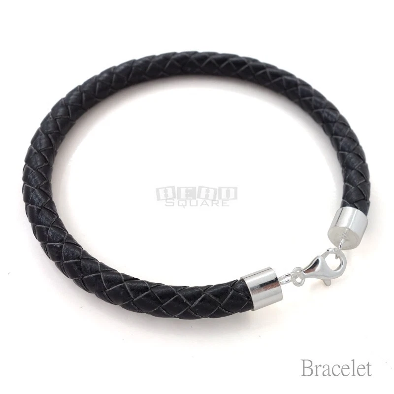 Collar/brazalete de plata de ley con cordón de cuero genuino redondo trenzado negro de 6 mm Foto 3 de 4