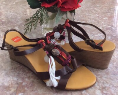 Boss Brown Leather Braided Fabric Ankle Strap Wedge Sandals Size 38 /US 5.5 EUC