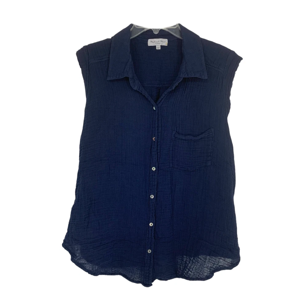 Top Michael Stars Monique Talla XL Azul Marino Sin Mangas Doble Gasa Botón Delantero Foto 2 de 4