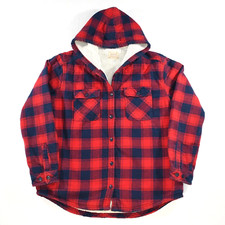 Boston Traders Women's Large Jacket Flannel Fleece Red Blue Plaid Hood Button