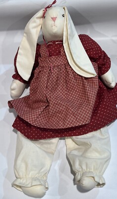 Vtg Handmade Floppy Ear Bunny Rabbit Doll Valentines Heart Dress Folk Art  20''