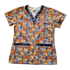 Halloween Thanksgiving Pumpkins Scrub Top Women's Men's Unisex XS V Neck Pockets