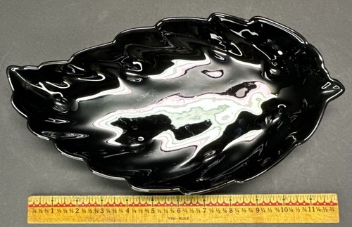 Pair Vintage Frankoma Pottery 226 Black Onyx Leaf Foilage Tray Trinket Dishes - Picture 21 of 24