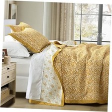 100 Cotton King Quilt Set - Reversible King 98"x106" White/Mustard Yellow