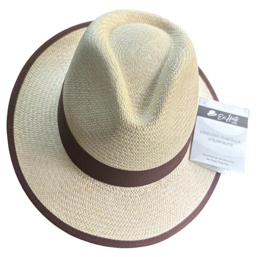 Sombrero de Panamá Hecho a Mano 100% Genuino Ecuatoriano Toquilla Paja Fedora con Banda Marrón
