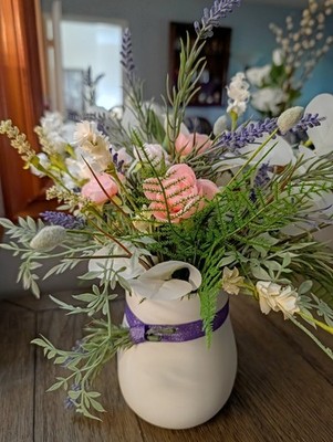 Lavendar, Pink Mini Roses, and Ferns in a White Vase Flower Arrangement