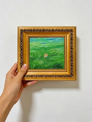 Tiny Fox Peeking from Green Field Original Oil Painting Custom from your photo