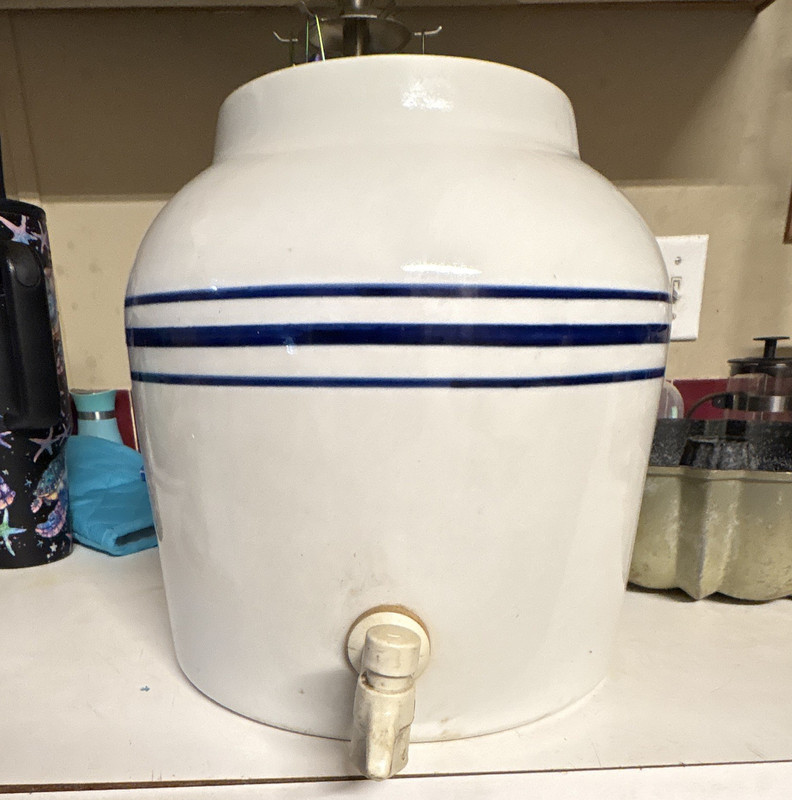 White & Blue Striped Ceramic Crock Beverage Dispenser Jar with Spigot