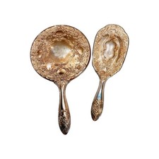 VINTAGE Hand Held Round Mirror Brush Vanity Dresser Set Silverplate Goldtone